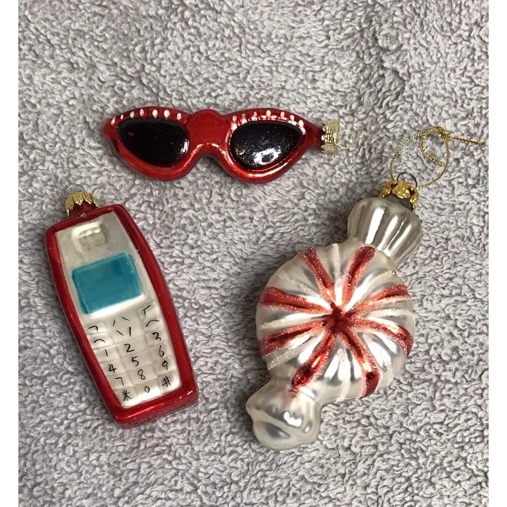 Busy Girl Blown Glass Christmas Ornaments Set of 3 Cell Phone Sunglasses‎